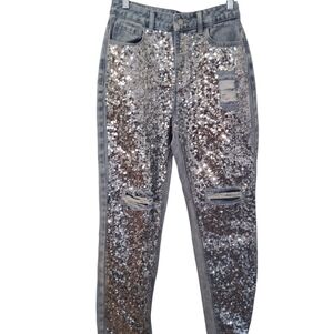 Blue B Collection Sequined Bedazzled Distressed Denim Jeans Small